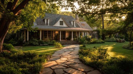 A stately home with a large gabled roof a stone pathway leading to a spacious front porch and