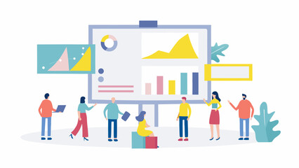 Diverse team collaborates around a presentation screen displaying various charts and graphs symbolizing business strategy and data analysis
