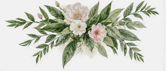 Watercolor tropical spring bouquet with green leaves and delicate flowers, isolated on transparent PNG for greeting or wedding card designs.