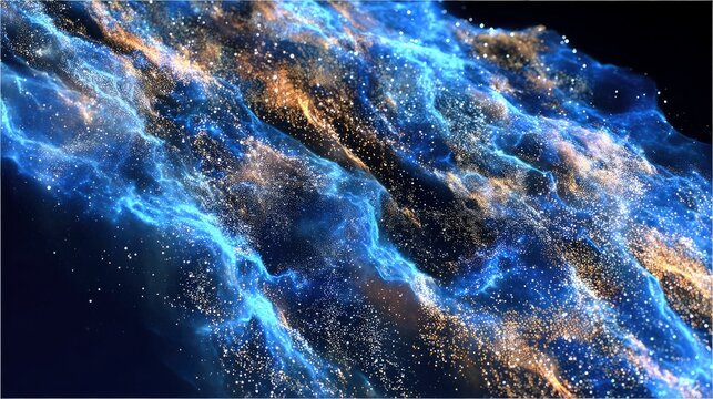An abstract visualization of a cosmic nebula with swirling blue and gold clouds, illuminated by countless glowing particles, set against a dark, deep space back