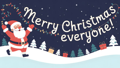 Christmas background image displaying flat vector Santa carrying colorful lights arching above Merry Christmas everyone text on snowy hill.
