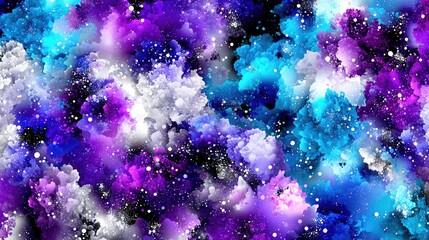A vibrant, abstract depiction of a cosmic nebula with swirling clouds of purple, blue, and white, interspersed with tiny white stars.