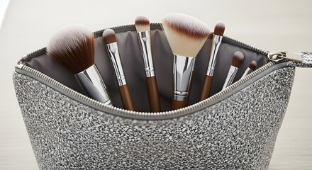 Makeup brushes in a silver glittery bag ready for travel and beauty applications