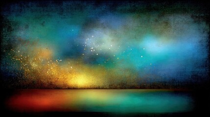 An abstract, textured background resembling a cosmic nebula with swirling colors of blue, teal, and orange, illuminated by golden dust and small white lights. A