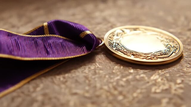 Close-up of a bronze medal with ornate laurel edge, beside purple ribbon, on textured brown surface