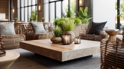 Interior lounge area with wicker chairs low wooden table and glowing lanterns