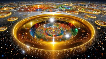 A surreal, abstract depiction of multiple concentric golden rings and swirling galaxies, filled with colorful lights and sparkling dots against a dark backgroun