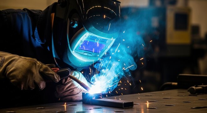 Skilled worker in protective gear welding metal parts on a workbench, producing bright blue sparks in a factory