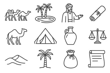 Obraz premium Ancient Trade Icons. Line style icons of Ancient Trade: Caravan, Oasis, Trader, Silk Roll; Camel, Tent, Water Jar, Scale; Sand