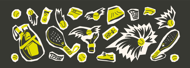Padel tennis paper cutout stickers set. Racket, ball, sport cloth hand drawn collage icons isolated on dark background. Scribble sport equipment cutouts elements. Vector fitness illustration scribble. © Syuzann q