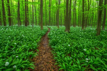 Forest Path Covered in Wild Garlic Flowers in Springtime