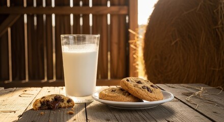 Glass of fresh milk and chocolate chip cookies on rustic wooden table inside old barn on sunny day