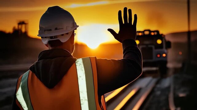 Construction worker directing traffic during sunrise 