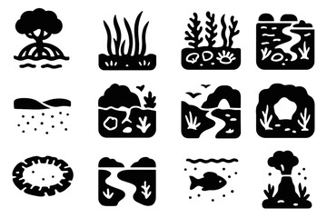 Fototapeta premium Ocean Habitat Icons. Solid style icons of ocean habitats: mangrove, seagrass bed, kelp forest, tide pool, sandy seabed, rocky reef