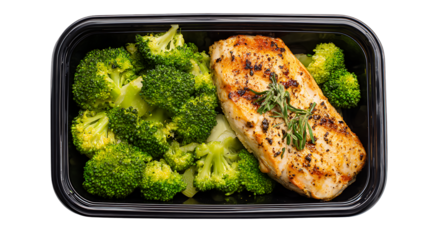Healthy grilled fish fillet with fresh steamed broccoli in a meal prep container isolated on transparent background