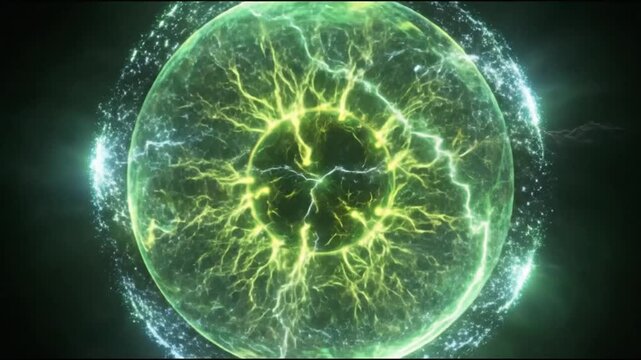 Glowing green energy plasma ball sphere with electric lightning cracks