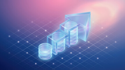 Three translucent cylindrical stacks rising in stages ascending into a clear arrow shape set against a grid background with luminous cross marks growth