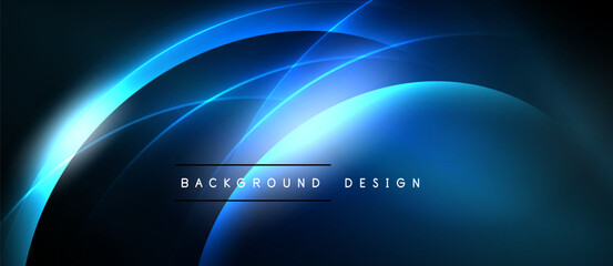Abstract blue design features curved lines, gradients. Dark background enhances glowing effect. Text reads background design. Modern, sleek aesthetic.