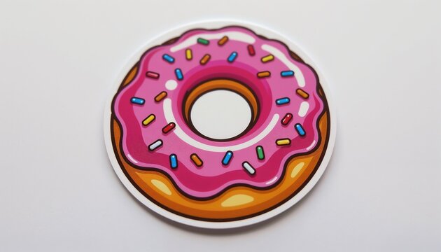 Colorful donut with pink icing and sprinkles on a plain background, copy space