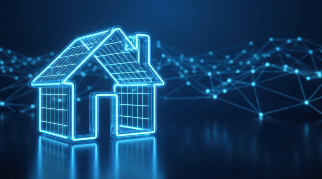 Glowing blue neon house outline with interconnected digital network in background home technology building connection future abstract geometric grid lines