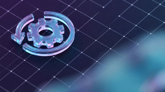 A transparent shimmering glass gear symbol enclosed by a circular arrow resting on a dark grid pattern illuminated by neon pink and blue light technology