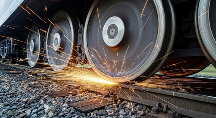 Train wheels spinning quickly on railroad tracks, creating a dramatic shower of bright orange sparks