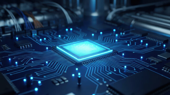Close up view of a glowing blue central processing unit on a complex electronic circuit board with intricate pathways and tiny luminous dots CPU technology