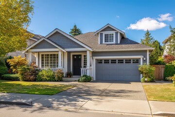 Modern grey residence featuring a welcoming porch, neat lawn, and generous garage