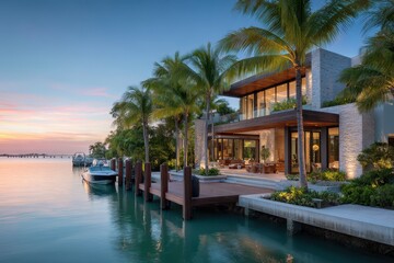Fototapeta premium Modern island villa overlooking calm turquoise water, tropical landscaping and wooden deck