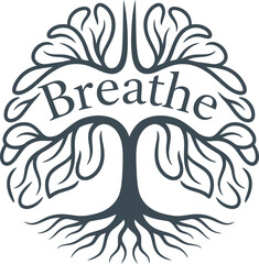 Inspiring breathe tree roots illustration sticker with calming wellness and mindfulness message