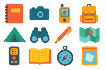 Field Research Icons. Flat vector icons of Field Research: Notebook, Camera, GPS Device, Backpack, Tent, Binoculars, Pen, Map,