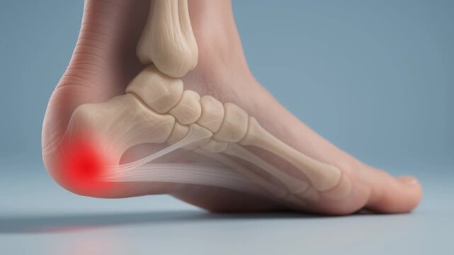 Medical video of plantar fasciitis heel pain showing posterior plantar foot anatomy with translucent fascia band from calcaneus to forefoot and red glow at medial origin, clean minimal medical	