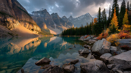 Majestic alpine landscape with crystal clear turquoise lake and rocky mountains in autumn
