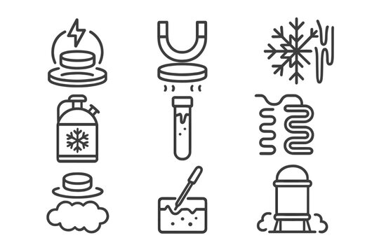 Cryogenics Line Icons. Line style icons of cryogenics research: superconductivity, levitation, cold, experiment; nitrogen tank,
