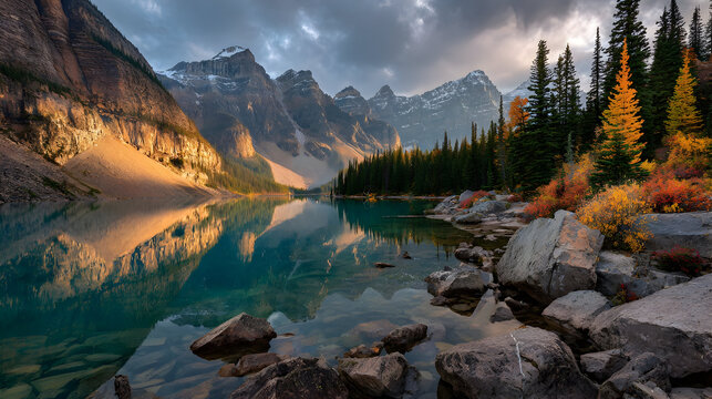 Majestic alpine landscape with crystal clear turquoise lake and rocky mountains in autumn