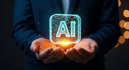 Businessman holding a glowing AI icon, symbolizing artificial intelligence and future technology.