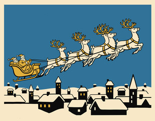 Fototapeta premium Iconic, retro illustration depicting Santa Claus riding his sleigh, packed with presents, and pulled by three flying reindeer over a snow-covered village at night. Perfect for traditional Christmas Ev