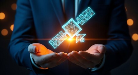 Businessman holding a glowing digital satellite in his hands, representing global communication and technology.