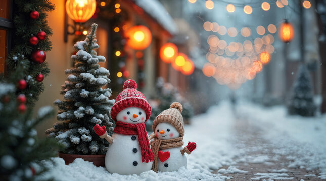 A charming winter street scene with two cute snowmen dressed in cozy hats and scarves, standing beside a decorated Christmas tree under warm lantern lights as snow gently falls.