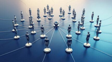 Abstract network of chrome figures connected by thin lines to a central sphere on a reflective blue surface connection people technology communication