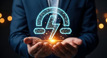Businessman holding a glowing lightning bolt icon representing energy and power.