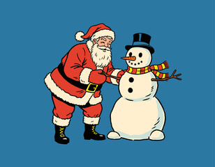 A cheerful, hand-drawn illustration depicting Santa Claus smiling and adjusting the branch arm of a traditional snowman, who is wearing a top hat and scarf. Perfect for friendly holiday themes, greeti