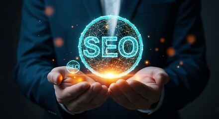 Businessman holding glowing SEO sphere in hands, digital marketing concept.
