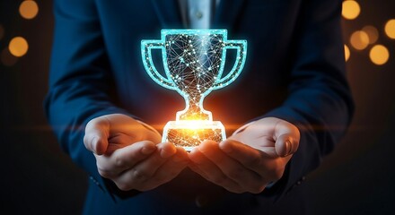 Businessman holding glowing digital trophy, symbolizing success and achievement in a competitive business environment.