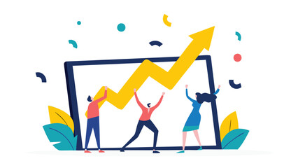 Dynamic composition of a diverse team of four individuals celebrating success with raised arms and joyful expressions conveying unity and achievement in a vibrant vector illustration