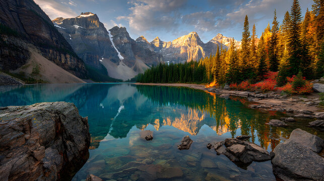 Majestic alpine landscape with crystal clear turquoise lake and mountain reflections