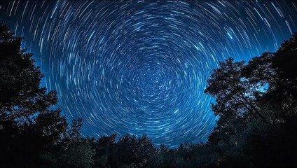 Bright Shooting Sparkling Stars. starry light background. star trails curving across the night sky, long exposure light streaks forming circular patterns - Powered by Adobe