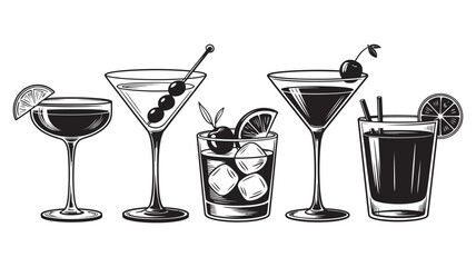 Vintage hand-drawn alcoholic cocktails collection. engraved style set of various classic bar beverages, drinks in different glasses illustration.