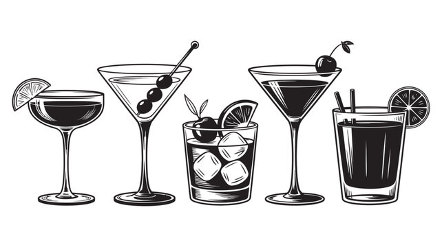 Vintage hand-drawn alcoholic cocktails collection. engraved style set of various classic bar beverages, drinks in different glasses illustration.