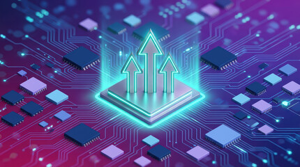 Three glowing neon arrows ascend from a microchip circuit board with integrated processors showcasing technological advancement and data flow Technology